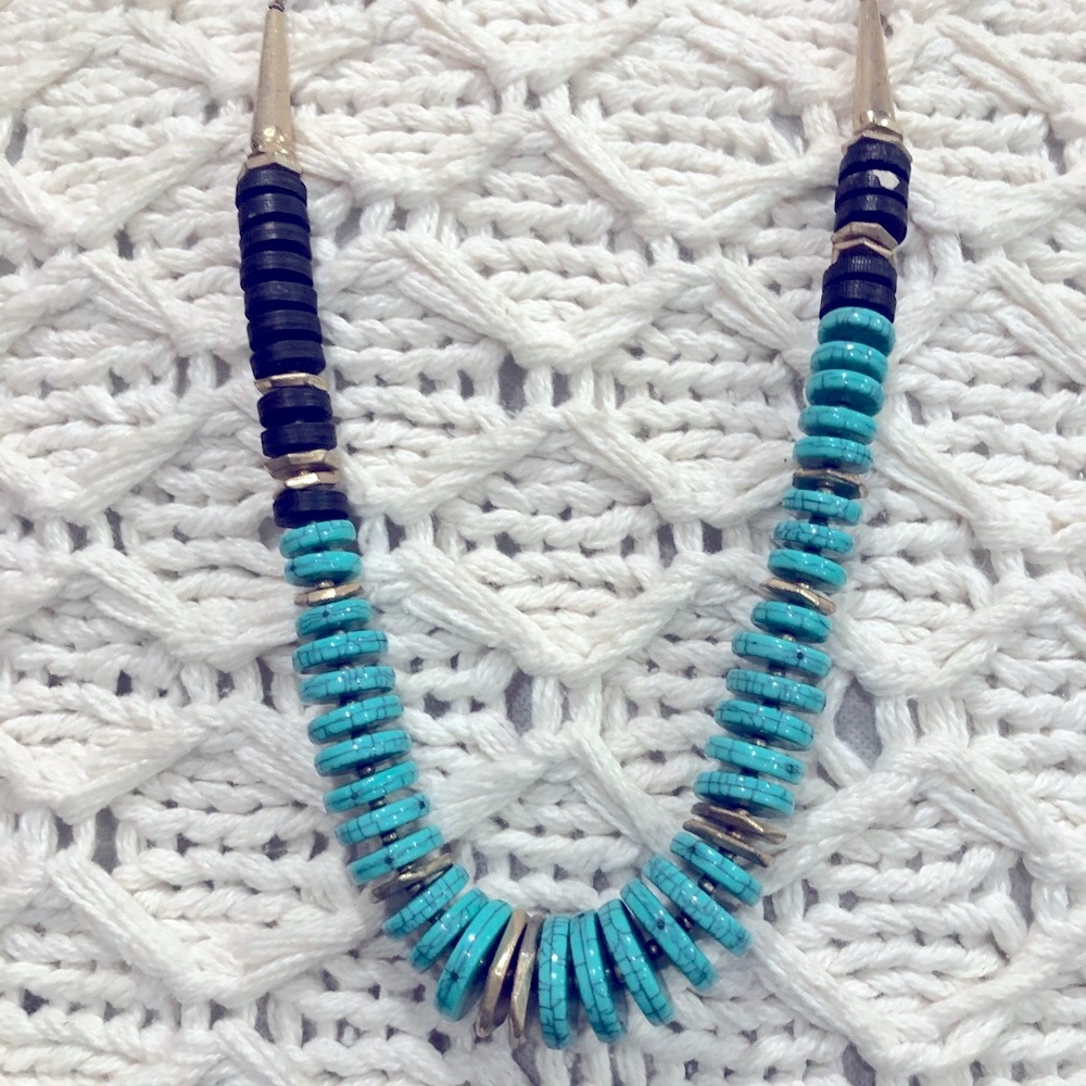 Beautiful long turquoise, brown and gold necklace